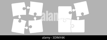 Set of two small jigsaw puzzles with four pieces each partially connected clean white outline design symbolizing teamwork collaboration problem Stock Vector