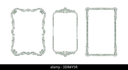 A vintage set of frames in the Baroque and Rococo styles. Classic frames with hand-drawn swirls of leaves and flowers. Whimsical Victorian-style frames for wedding invitations and cards. Vector outline illustration in green. Stock Vector