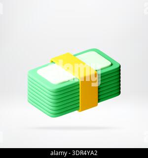 3D Stack of green paper currency with yellow strap Stock Vector