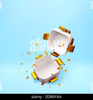 3D open white gift box with and falling confetti Stock Vector