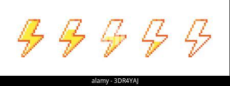 Pixel lightning energy bar. 8bit battery power charge interface indicator, videogame health status. Thunderbolt progress levels. Retro 80s arcade game Stock Vector