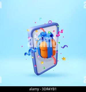 3D Gift box on a smartphone screen and confetti. Stock Vector