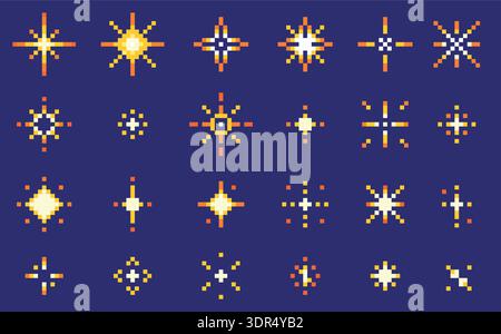 Pixel star 8bit icons. 80s retro sparks pixel art, sparkle emoji. Video arcade game pixelated firework burst, magic night space twinkle. Yellow 90s Stock Vector