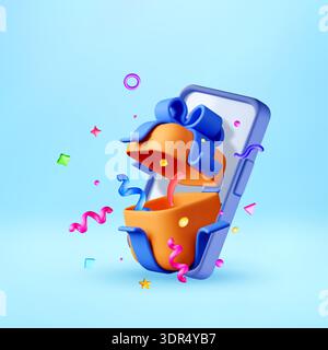 3D Open gift box with confetti on phone screen Stock Vector