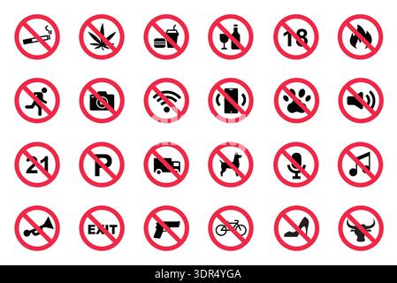 Red prohibitory public signs. Forbidden entrance, smoking and cannabis, alcohol and food, fire and running, camera and wifi, smartphone and pets Stock Vector