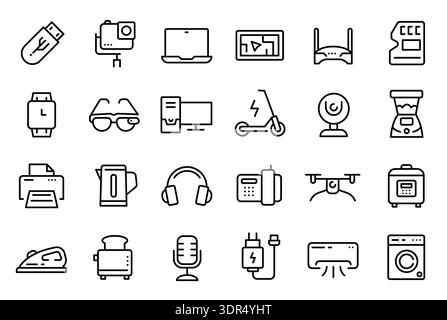 Gadget line icons. Electronic devices, household appliance. usb flash, drive and camera, laptop and router, memory card and smart watch, glasses and Stock Vector