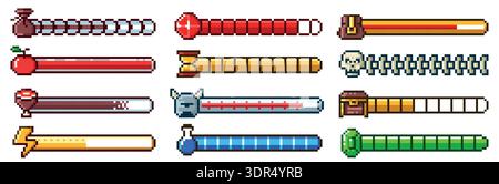 Pixel progress bar. 8bit 80s arcade game status indicator, rpg gaming pixelated UI. Health meter, energy level, hourglass and food symbols. Emerald Stock Vector