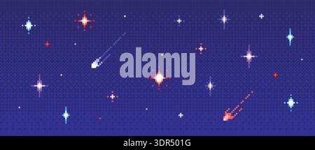 Pixel night sky 8bit game background. Arcade space retro pattern with twinkle stars, 16bit universe videogame wallpaper. 2d blue galaxy, meteor, comet Stock Vector