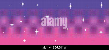 Sunset pixel sky. 8bit magic pink star field with dithering, pixelated stars. 80s galaxy interstellar, retro 2D arcade videogame. Vaporwave or Stock Vector