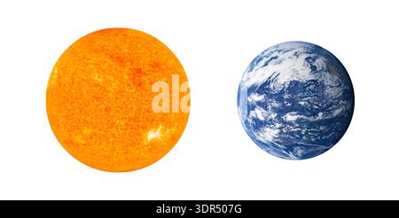 Sun And Planet Earth Daytime View With Clouds Isolated On White Background. Stock Photo