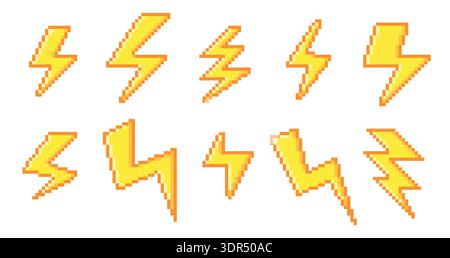 Pixel lightning. Thunderbolt 2D yellow icons, battery electric charge 8bit symbol. Flash speed lightening y2k emoji. Energy vintage pixelated sign Stock Vector