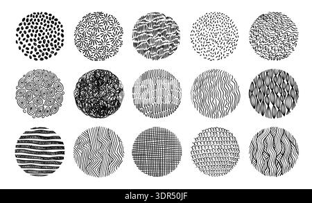 Doodle round pattern. Hand drawn abstract organic, geometric, halftone graphics textures. Scandinavian scribble minimalist dotted, wavy striped Stock Vector