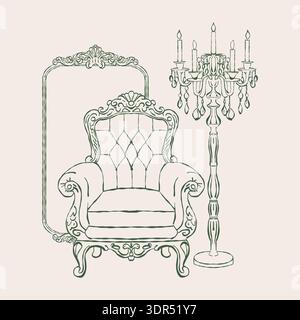 Victorian interior. Classic vintage armchair, antique mirror, floor lamp with candelabra and candles in the Baroque and Rococo styles. Classic upholstered furniture. Vector outline clipart. Retro hand-drawn illustration. Romantic interior. Stock Vector