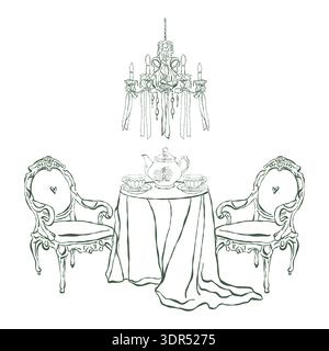Romantic breakfast, English tea party. Elegant table setting, teapot, and teacups. The composition includes a table, chairs, crystal chandelier, and decor in the Rococo and Baroque styles. Hand-drawn vector illustration of a Victorian dining room interior. Stock Vector