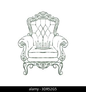A classic vintage armchair with a royal crown on the seat. Romantic interior. Baroque and Rococo style. Classic upholstered furniture. Green vector outline clipart. Hand-drawn retro illustration. Stock Vector