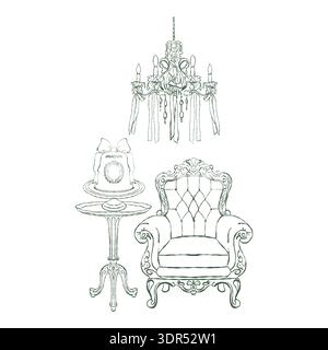 Vintage festive illustration of a Victorian interior. Armchair, table, crystal chandelier, and wedding cake in the Rococo and Baroque styles. Antique classic furniture. Hand-drawn vector outline illustration isolated on a white background. Stock Vector