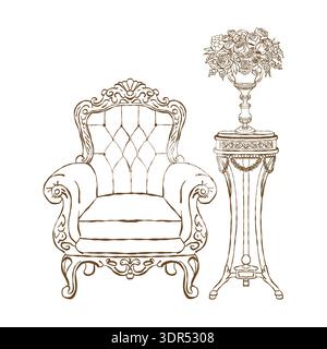 Vintage illustration of a Victorian interior. An armchair, table, and vase of flowers in the Rococo and Baroque styles. Antique classic furniture. Hand-drawn vector outline illustration isolated on a white background. Stock Vector