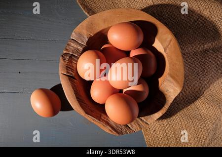 chicken eggs in gnarled wooden bowl on grey table top background Stock Photo