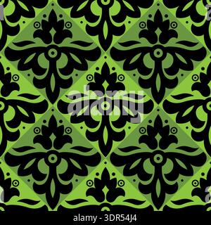 Classic diagonal square floral seamless pattern. Black plant element on green background. Folk floral vector illustration. Mosaic diagonal tile Stock Vector