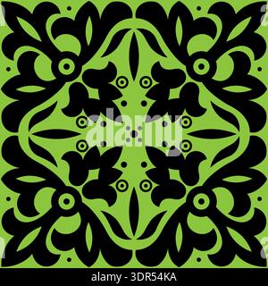 Antique floral seamless pattern. Black ornament on bright green background. Kaleidoscope ethnic plant square design element Stock Vector
