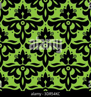 Ethnic floral seamless pattern. Black plant element on green background. Folk floral illustration. Mosaic diagonal tile. Fantasy geometric shapes Stock Vector