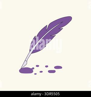 Purple Quill Pen Writing with Ink Splatters and Drops Stock Vector