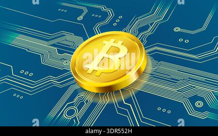 Golden Bitcoin coin on a futuristic digital circuit board, symbolizing cryptocurrency and financial technology. Vector illustration. Stock Vector