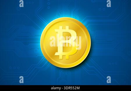 Shiny golden Bitcoin coin on a futuristic blue digital circuit background. A symbol of modern cryptocurrency and blockchain technology. Vector illustration Stock Vector
