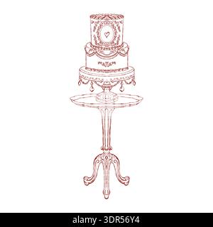 A vintage-style wedding or celebration cake sits on a classic table. A multi-tiered celebration cake. Hand-drawn vector illustration in a romantic style. Stock Vector