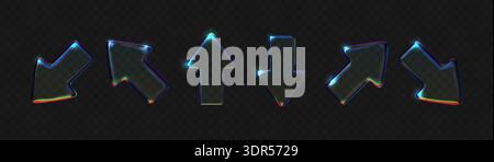 Holographic 3D glass arrow with iridescent gradient effect, transparent crystal shape floating on dark background, modern tech icon with neon blue Stock Vector