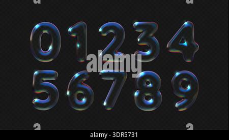 Set 3D holographic number with transparent glass texture and iridescent gradient effect. Modern abstract shape with glossy crystal finish and neon Stock Vector