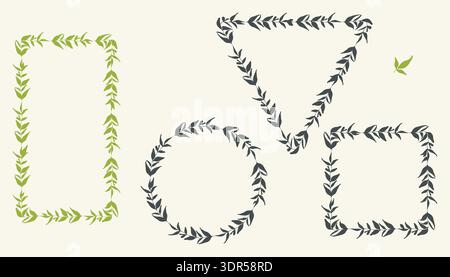 Decorative leaves silhouette, frame set. Circle, square rectangle geometrical shape, botanical border design. Hand drawn natural leaf, green black Stock Vector