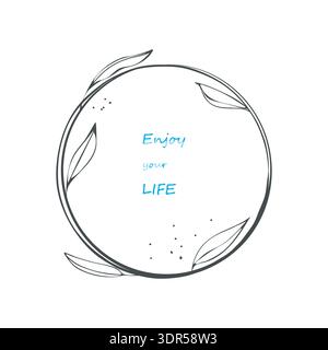 Decorative leaves outline graphic, frame set. Circle geometrical shape, botanical border design. Hand drawn black ink brush calligraphic design. White Stock Vector