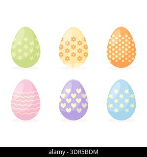 Cute Easter eggs set with stars hearts and flowers patterns vector illustration. Stock Vector