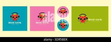 Cool strawberry mascot logo with headphones and sunglasses set vector illustration. Stock Vector