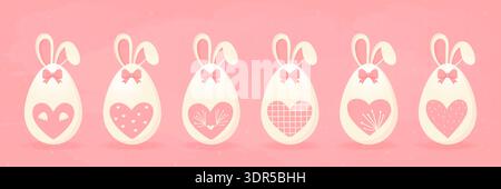 Cute Easter bunny eggs with hearts and pink bows banner vector illustration. Stock Vector
