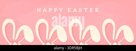 Happy Easter horizontal banner with cute bunny ears and pink bows vector illustration. Stock Vector