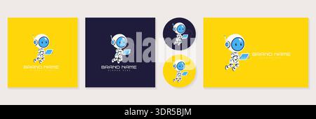 Cute robot mascot logo with digital tablet for technology brand vector illustration. Stock Vector