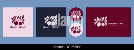 Pomegranate fruit branch logo set for organic food or beauty brand vector illustration. Stock Vector
