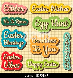 Easter lettering quotes sticker set with holiday greetings vector illustration. Stock Vector
