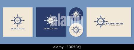 Celestial sun face logo set with star rays for mystic and tarot branding vector illustration. Stock Vector