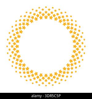 Abstract yellow round star halftone frame. Circular gradient border design. This golden-colored pattern features five-pointed stars of varying sizes, Stock Vector