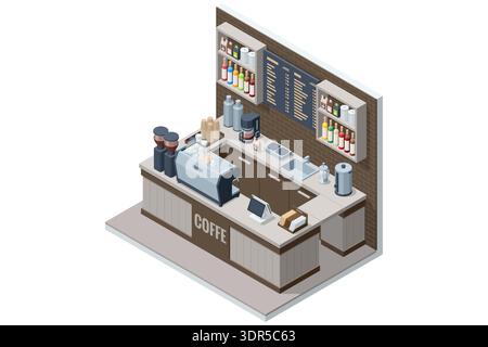 Isometric coffee shop counter with espresso machine, grinder, menu board and syrup shelf. Cafe bar interior concept for beverage service and takeaway. Stock Vector