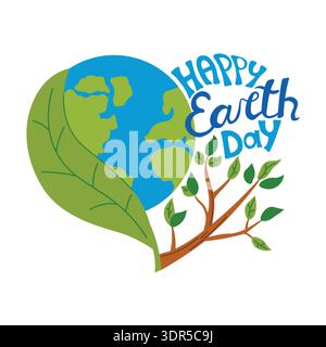 Bright Earth Day concept featuring a heart-shaped composition with planet growing from a tree branch with green leaves. Stylized Happy Earth Day lette Stock Vector