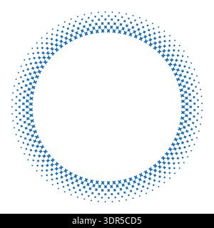 Round blue frame featuring geometric cross-stitch motifs inspired by traditional folk embroidery. Minimalist halftone style circular border on a white Stock Vector