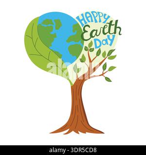 Earth Day illustration featuring a heart-shaped composition with planet growing from a tree trunk with green leaves. Hand-drawn Happy Earth Day letter Stock Vector