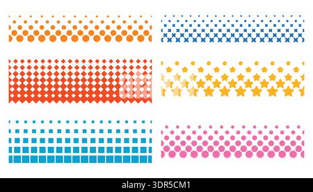 Collection of six horizontal halftone border seamless patterns featuring geometric shapes. These vibrant dividers in orange, blue, red, yellow, and pi Stock Vector