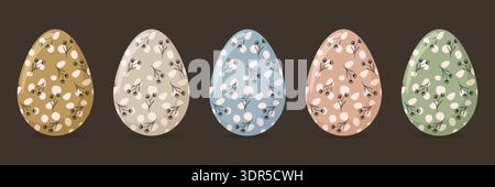 Boho Easter eggs set with floral sketches and polka dot pattern vector illustration. Stock Vector