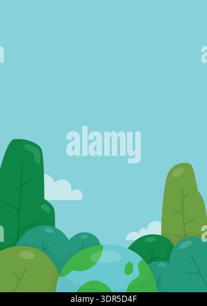 Environmental vertical flat illustration background featuring stylized trees, globe, and bushes on a blue sky. Suitable for environment campaigns. Stock Vector