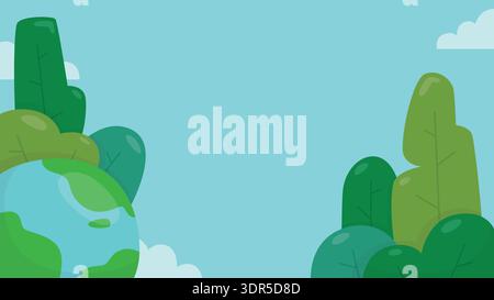 Environmental horizontal background with flat illustration of a globe, trees, and bushes in minimal design style. Ideal for Earth Day celebrations. Stock Vector